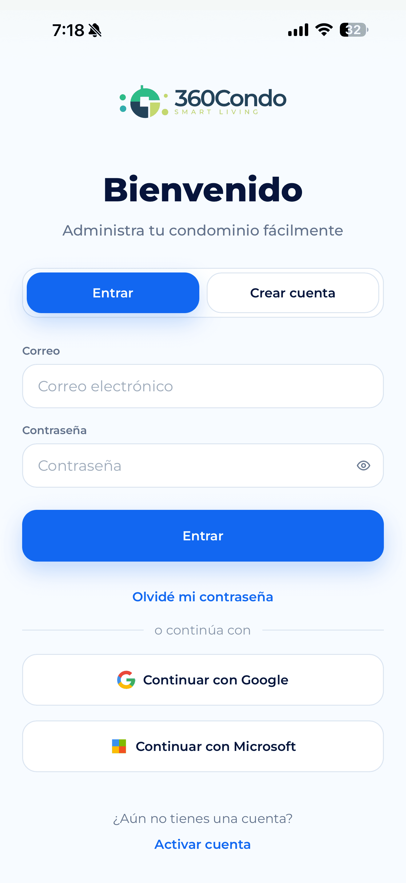 Pantalla de acceso de 360Condo